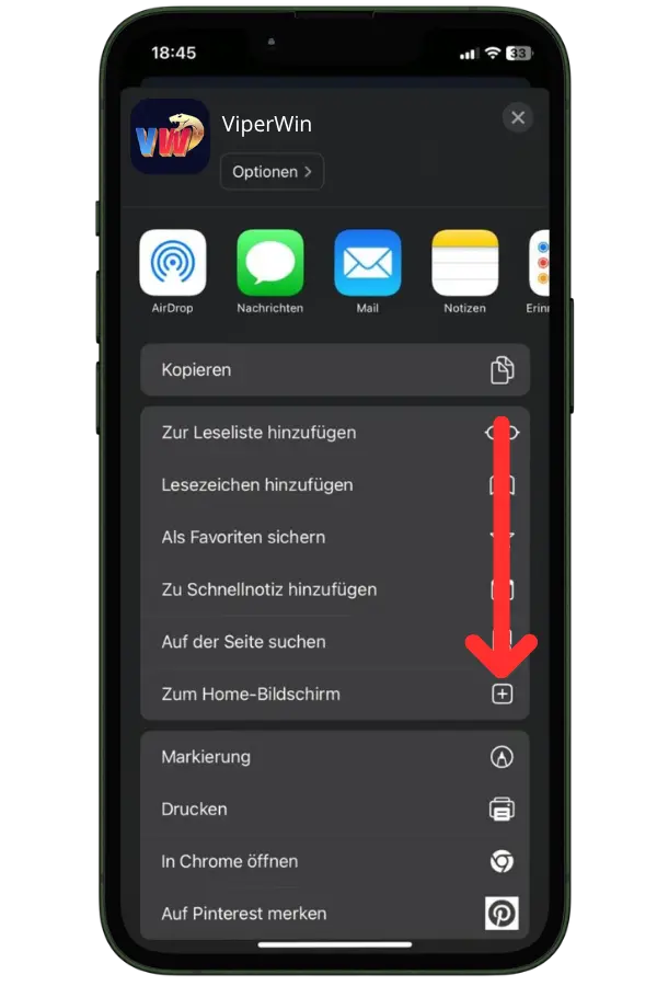 Teilen-Symbol in Safari für ViperWin iOS App antippen